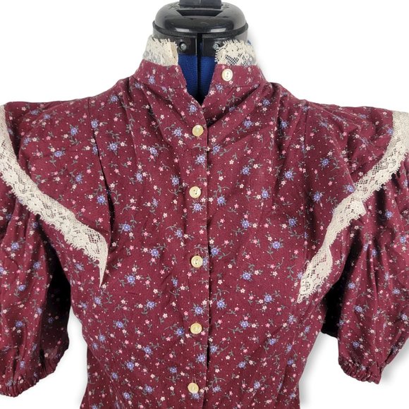 Vintage Burgundy Floral Lace Puff Sleeve Button Front Prairie Top - Picture 2 of 7